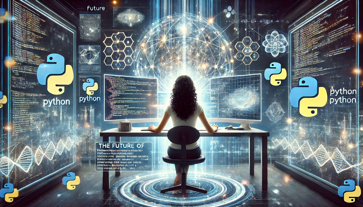 Futuristic image depicting Python code influencing various technological advancements.
